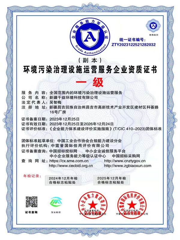 環(huán)境污染治理設(shè)施運營服務企業(yè)資質(zhì)一級